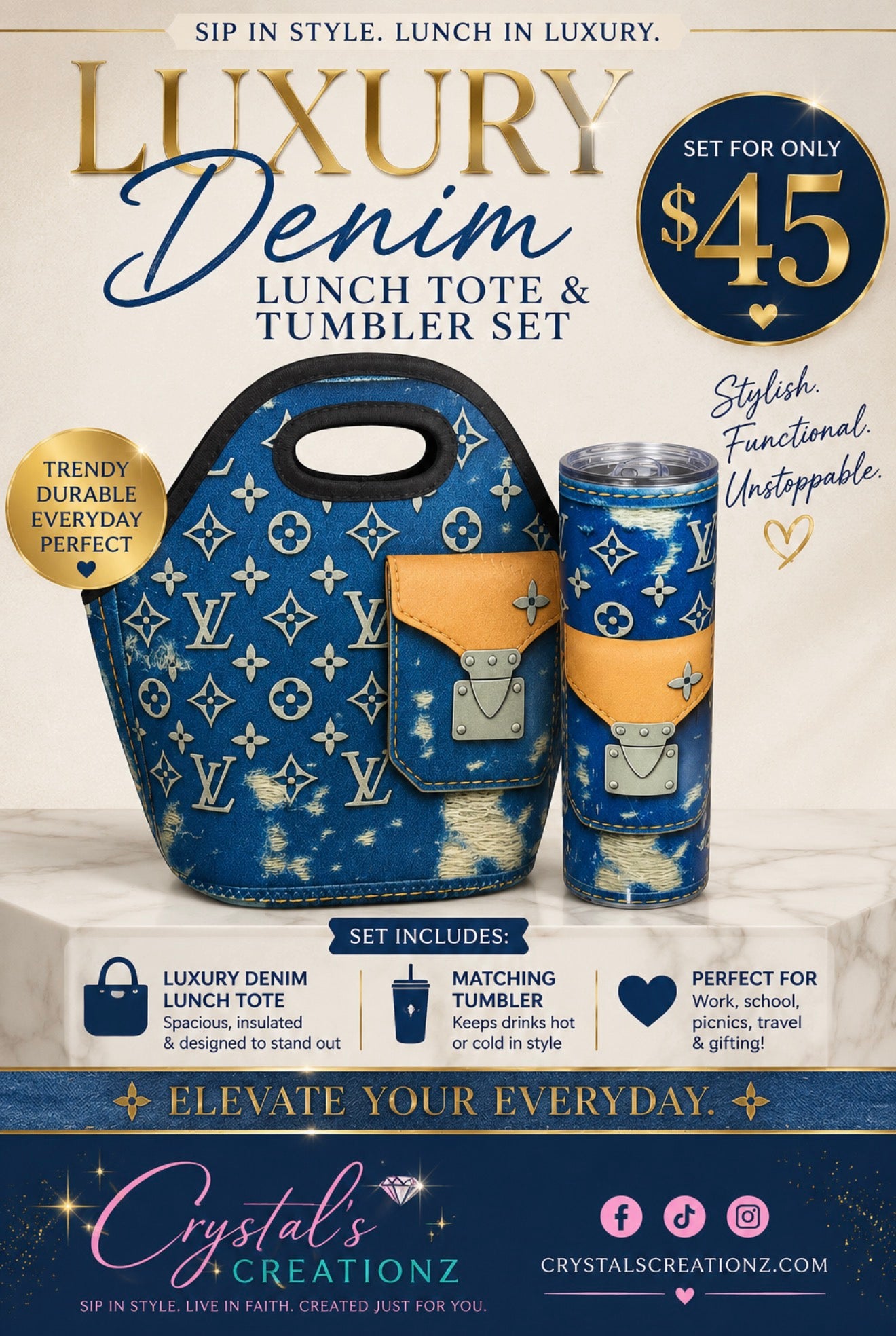 Luxury Denim Lunch Tote & Tumbler Set
